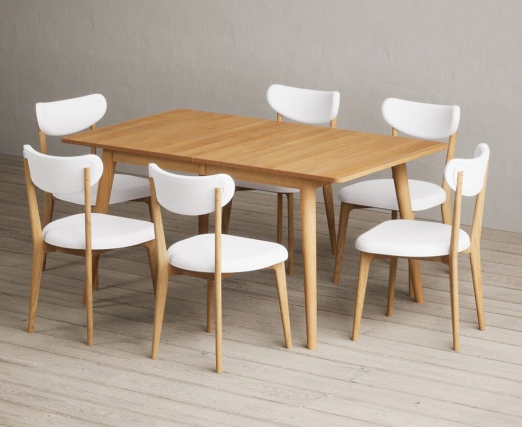 Extending Ruben 150cm Retro Oak Dining Table with 8 White Nordic Chairs