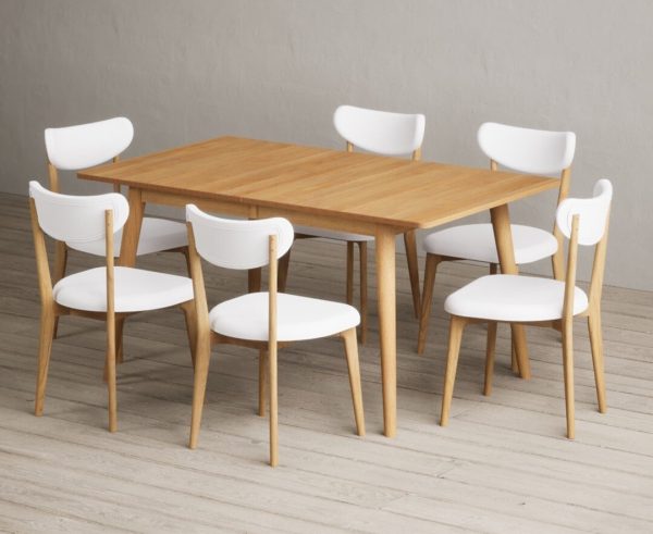 Extending Ruben 150cm Retro Oak Dining Table with 8 White Nordic Chairs | Bed Sava