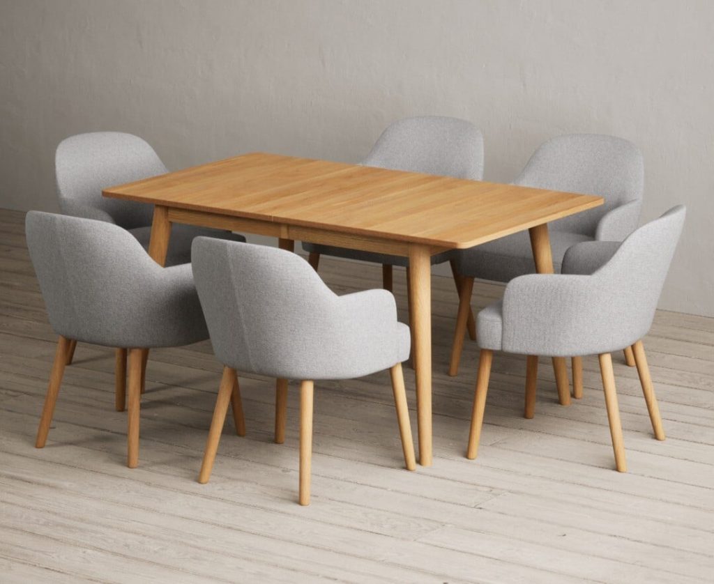 Extending Ruben 150cm Retro Oak Dining Table with 6 Light Grey Oliver Chairs