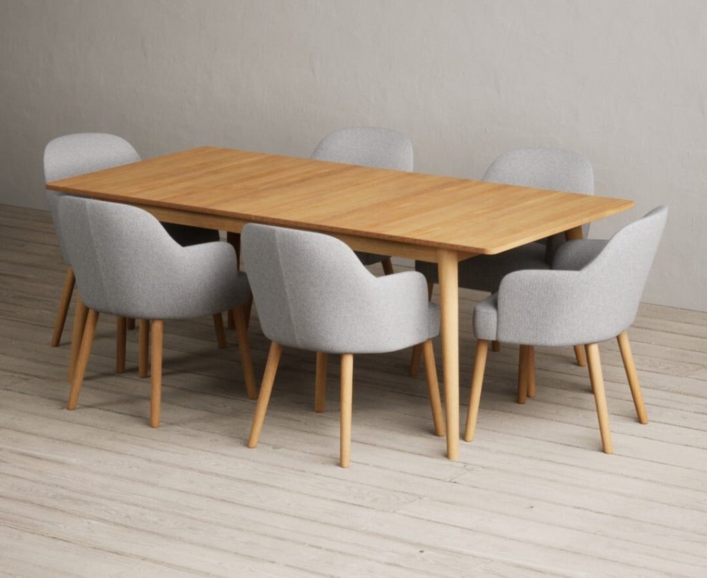 Extending Ruben 200cm Retro Oak Dining Table with 8 Light Grey Oliver Chairs