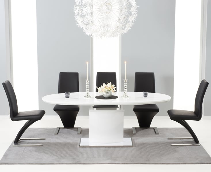 Extending Valzo 160cm White High Gloss Pedestal Dining Table with 8 Black Aldo Chairs