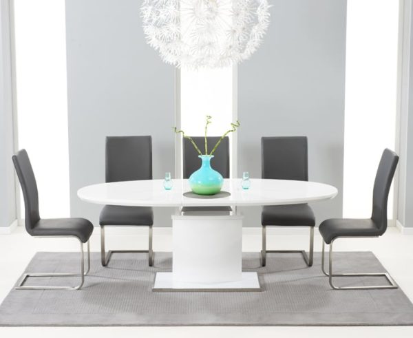 Extending Valzo 160cm White High Gloss Pedestal Dining Table with 6 White Austin Chairs | Bed Sava