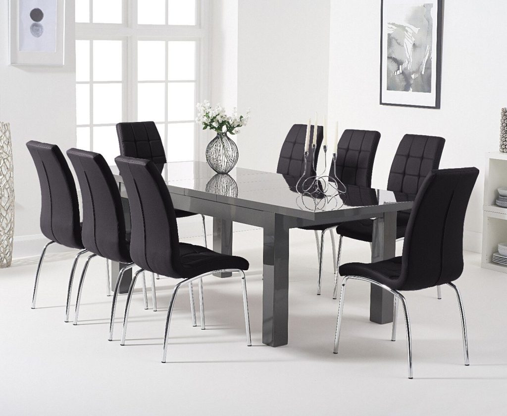 Extending Seattle 160cm Dark Grey High Gloss Dining Table with 10 Black Enzo Chairs