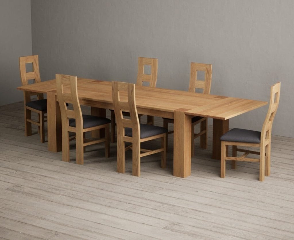 Sheringham 200cm Solid Oak Dining Table with Sheringham Oak Extensions (Pair) with 12 Light Grey Natural Chairs