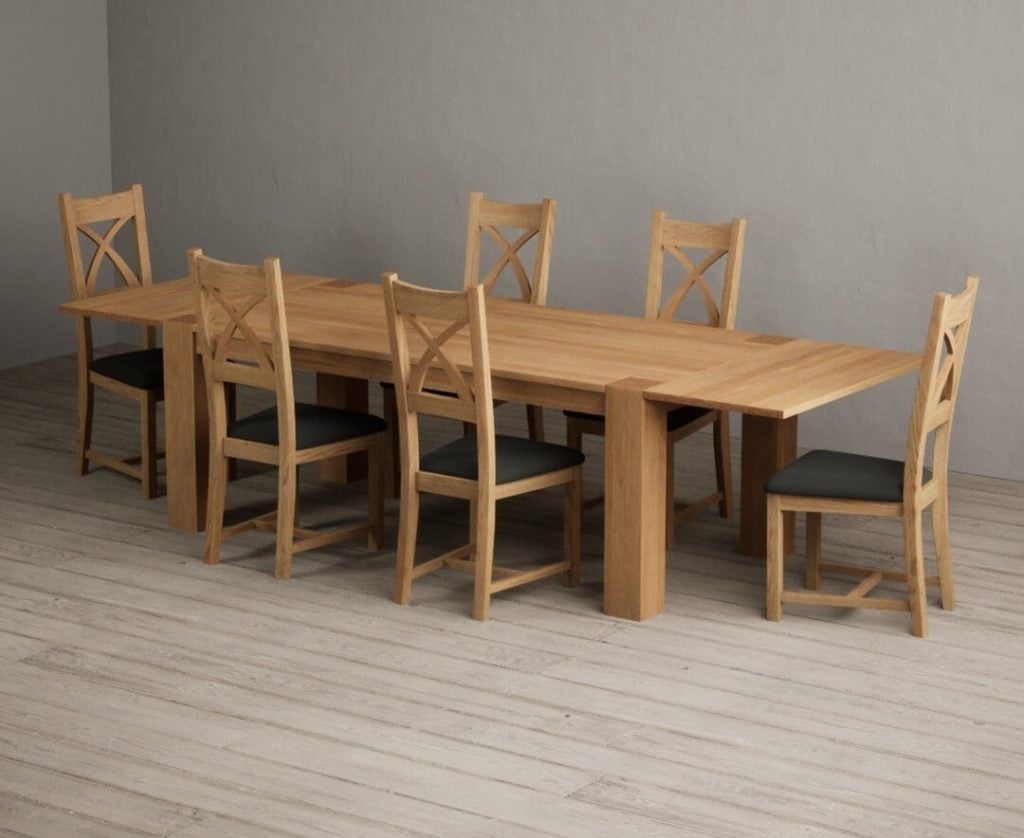 Sheringham 200cm Solid Oak Dining Table with Sheringham Oak Extensions (Pair) with 10 Brown Natural Solid Oak Chairs