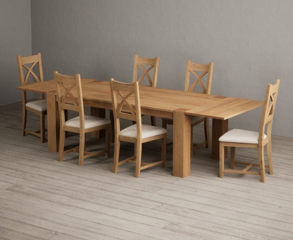 Sheringham 200cm Solid Oak Dining Table with Sheringham Oak Extensions (Pair) with 6 Charcoal Grey Natural Solid Oak Chairs