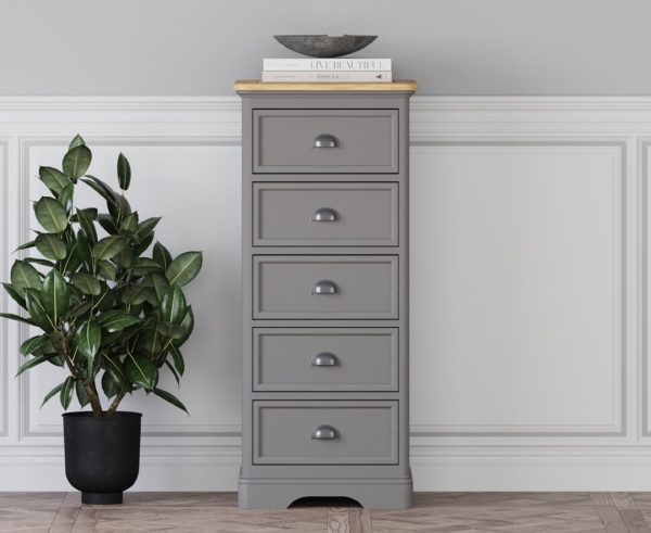 Felton Oak and Light Grey Painted 5 Drawer Tallboy | Bed Sava