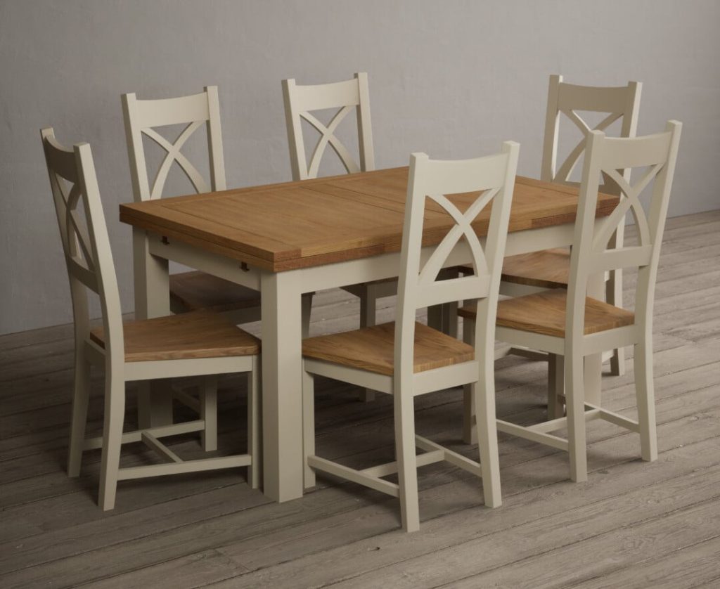 Extending Buxton 140cm Oak and Cream Painted Dining Table with 8 Light Grey Painted Chairs