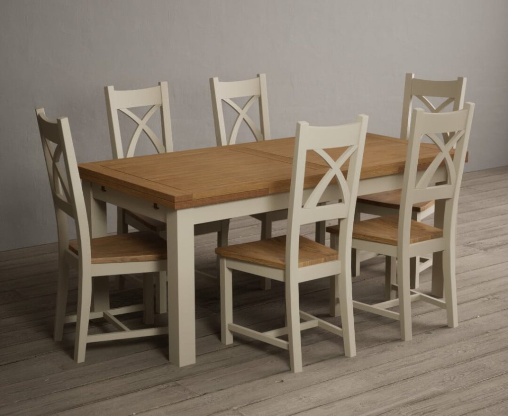 Extending Buxton 180cm Oak and Cream Painted Dining Table with 6 Linen Painted Chairs