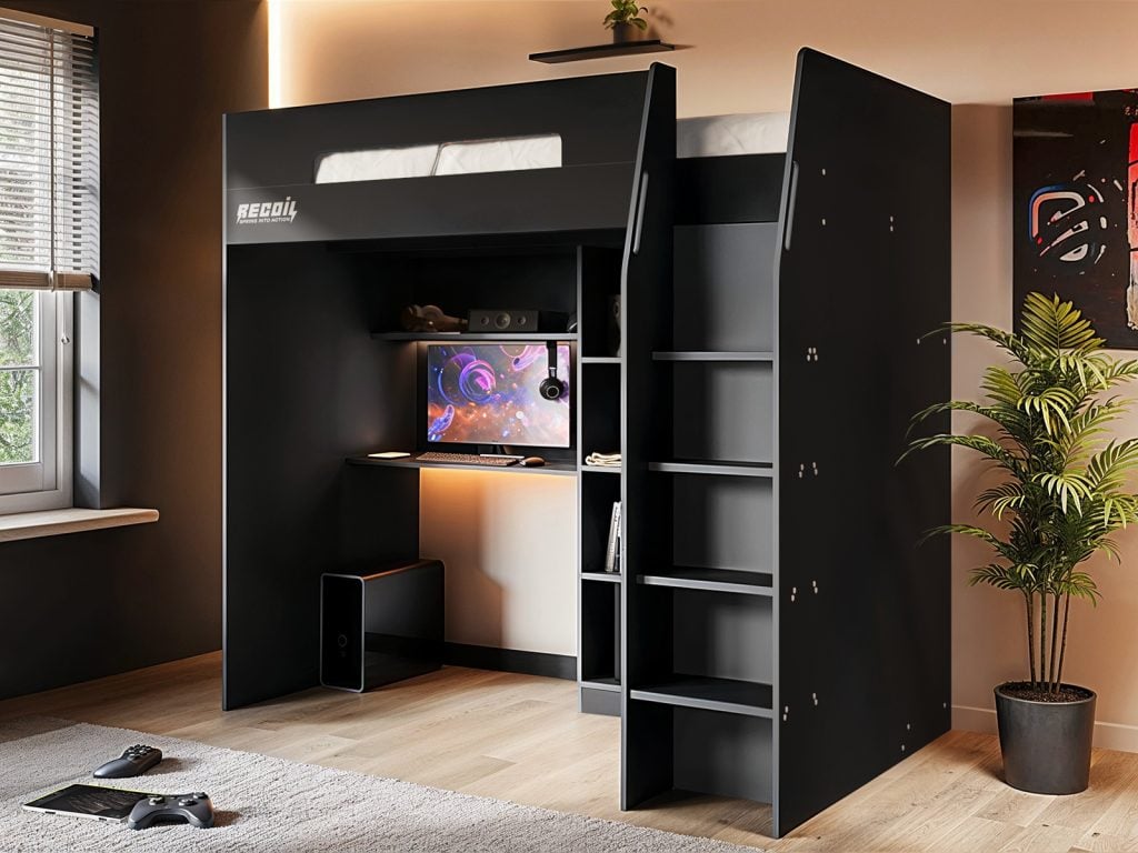 Recoil Summit Gaming High Sleeper with Wardrobe Black & Grey