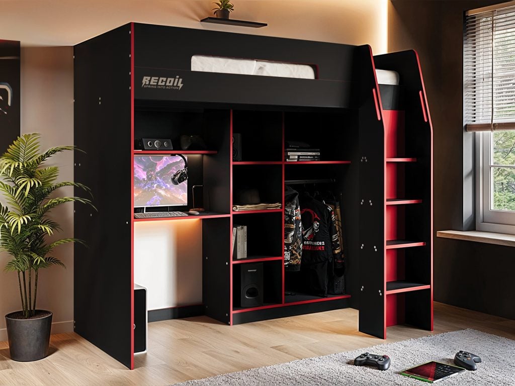 Recoil Summit Gaming High Sleeper with Wardrobe Black & Red