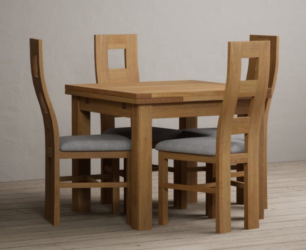 Extending Buxton 90cm Solid Oak Dining Table with 4 Light Grey Natural Chairs