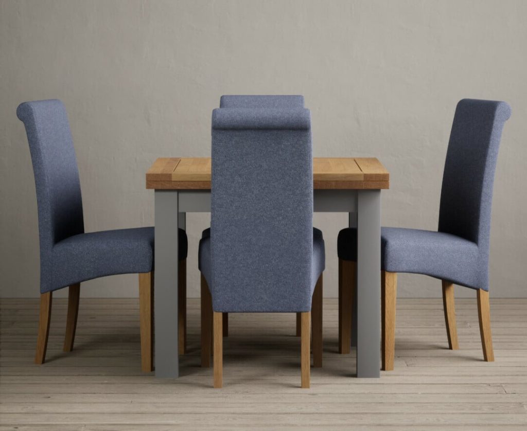 Extending Buxton 90cm Oak and Light Grey Painted Dining Table with 4 Natural Scroll Back Chairs