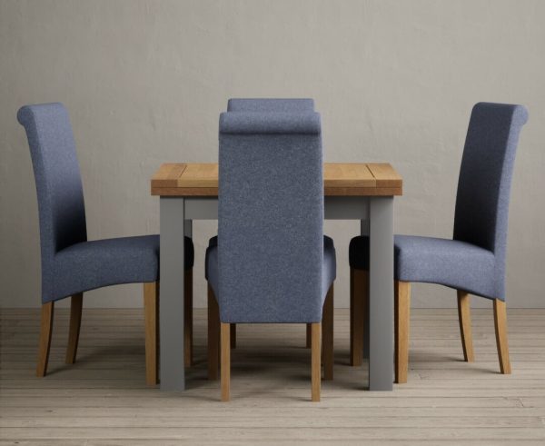 Extending Buxton 90cm Oak and Light Grey Painted Dining Table with 4 Grey Scroll Back Chairs | Bed Sava