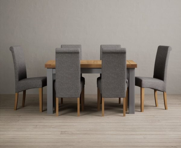 Extending Buxton 140cm Oak and Light Grey Painted Dining Table with 8 Grey Scroll Back Chairs | Bed Sava