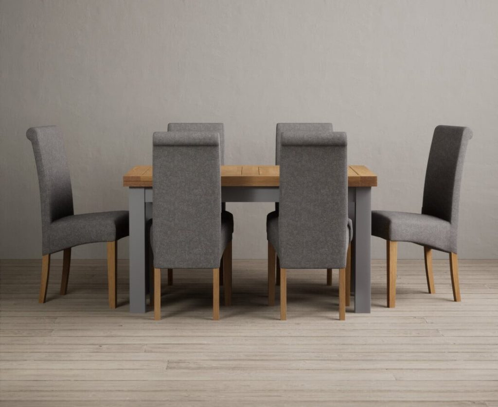 Extending Buxton 140cm Oak and Light Grey Painted Dining Table with 8 Charcoal Grey Scroll Back Chairs