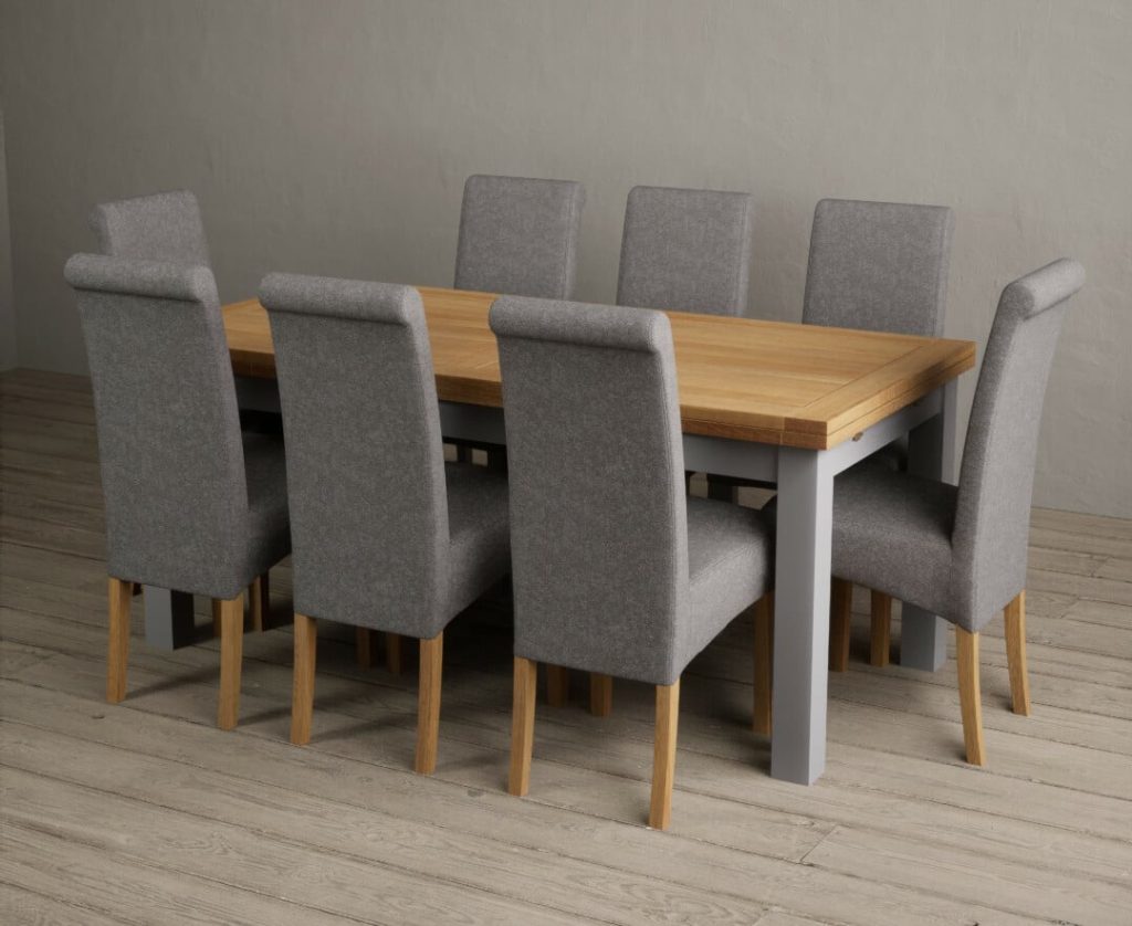 Extending Buxton 180cm Oak and Light Grey Painted Dining Table with 6 Blue Scroll Back Chairs