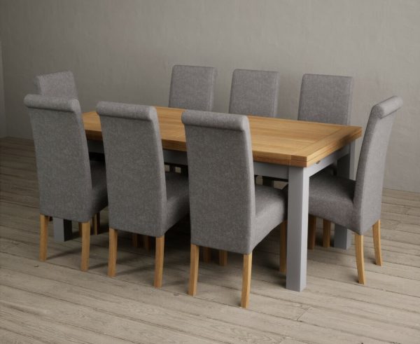 Extending Buxton 180cm Oak and Light Grey Painted Dining Table with 6 Blue Scroll Back Chairs | Bed Sava