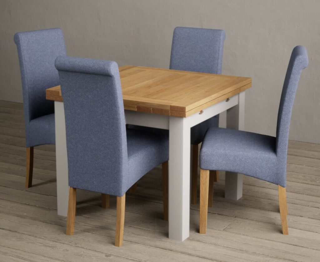 Extending Buxton 90cm Oak and Soft White Painted Dining Table with 6 Brown Scroll Back Chairs
