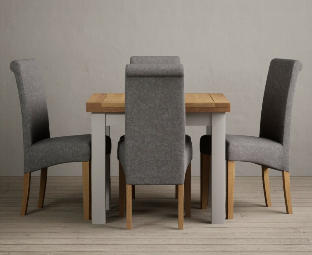 Extending Buxton 90cm Oak and Soft White Painted Dining Table with 4 Charcoal Grey Scroll Back Chairs