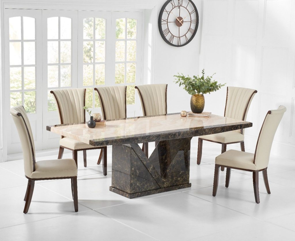Tenore 220cm Extra Large Marble Effect Dining Table with 8 Cream Lorient Chairs