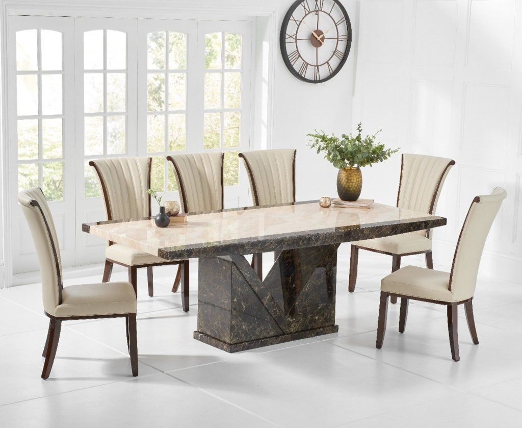 Tenore 180cm Marble Dining Table with 6 Cream Lorient Chairs