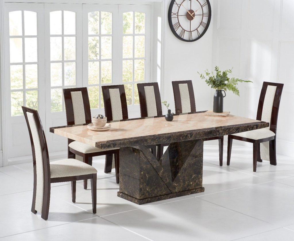 Tenore 220cm Extra Large Marble Effect Dining Table with 6 Brown Novara Chairs