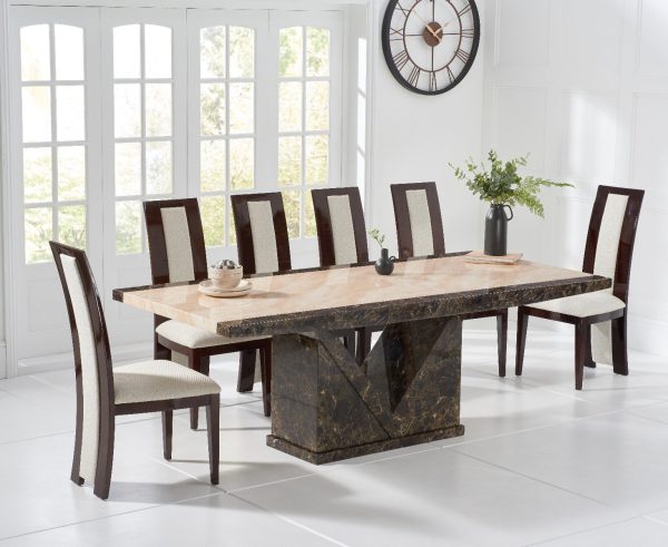 Tenore 220cm Extra Large Marble Effect Dining Table with 6 Black Novara Chairs | Bed Sava