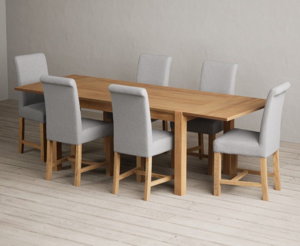 Thetford 150cm Oak Dining Table with Thetford 45cm Oak Extensions with 6 Charcoal Grey Scroll Back Chairs