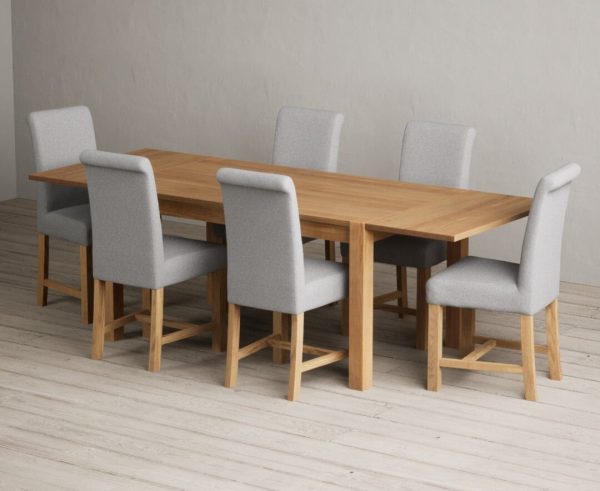 Thetford 150cm Oak Dining Table with Thetford 45cm Oak Extensions with 6 Charcoal Grey Scroll Back Chairs | Bed Sava