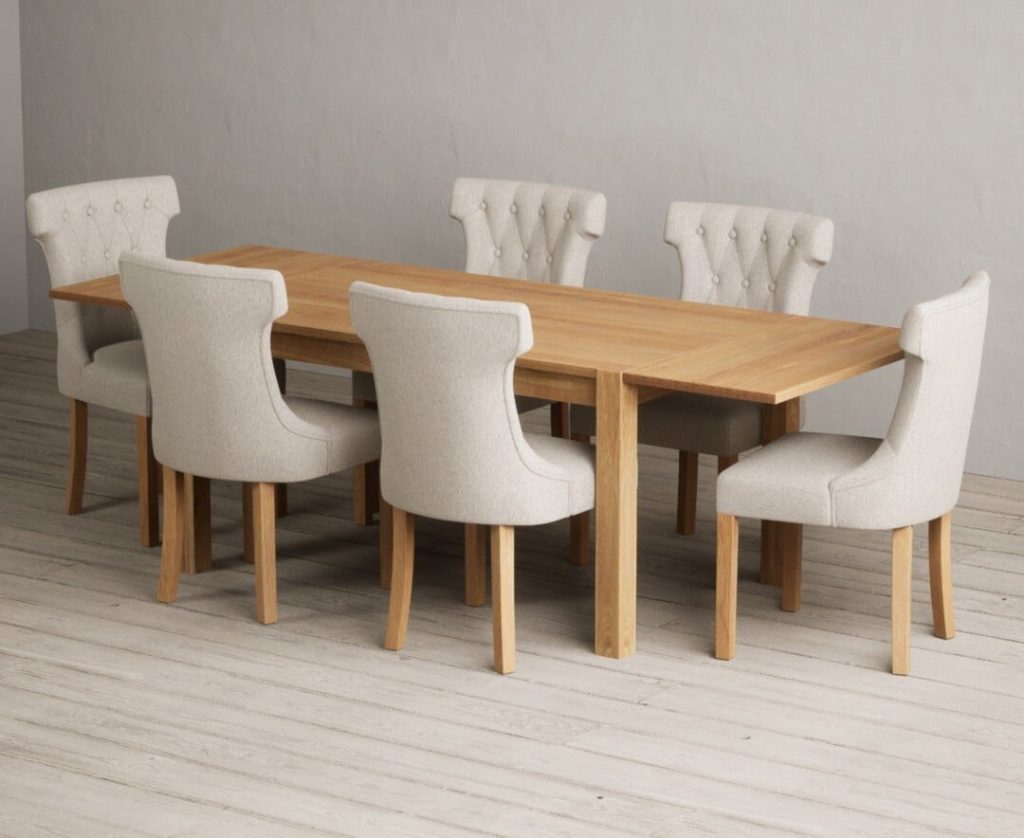 Thetford 150cm Oak Dining Table with Thetford 45cm Oak Extensions with 8 Grey Clara Chairs