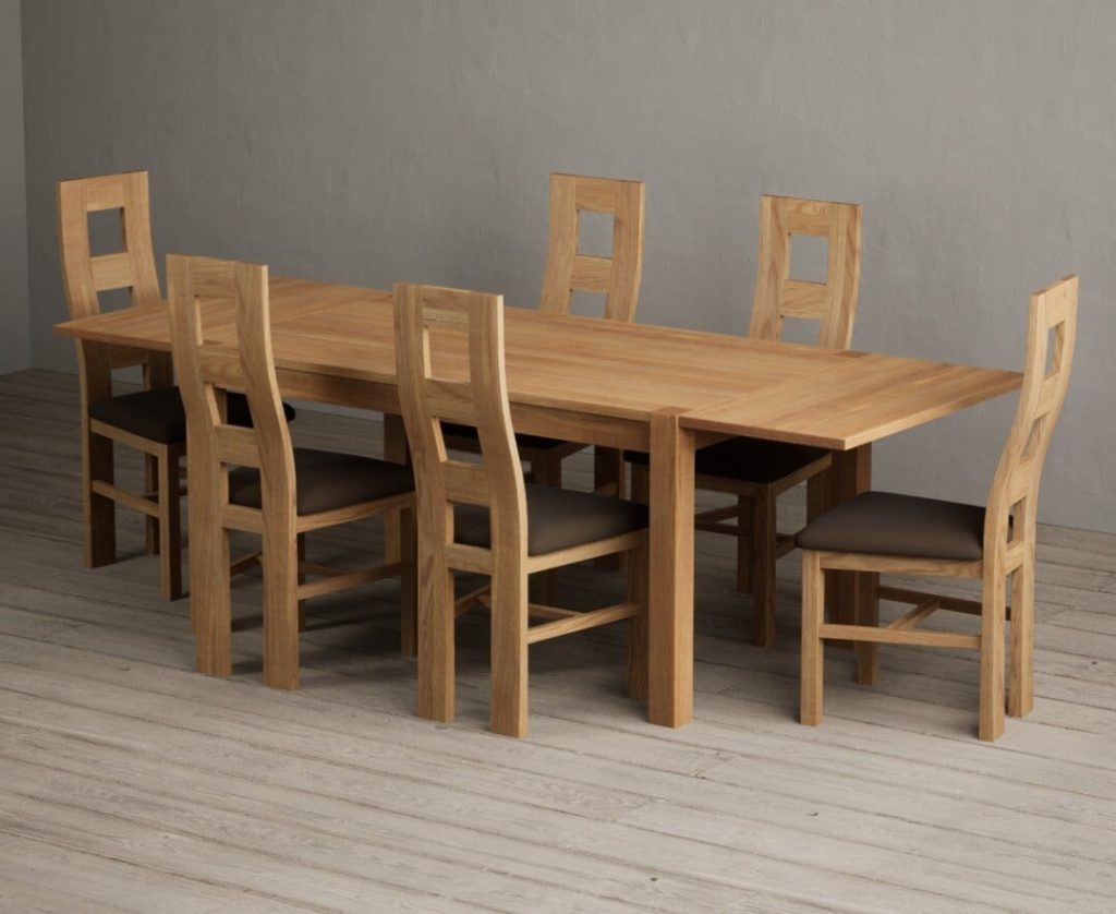 Thetford 150cm Oak Dining Table with Thetford 45cm Oak Extensions with 10 Cream Natural Solid Oak Chairs