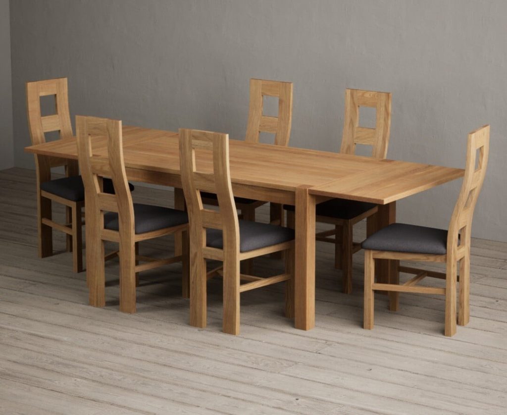 Thetford 150cm Oak Dining Table with Thetford 45cm Oak Extensions with 6 Light Grey Natural Chairs