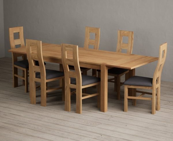 Thetford 150cm Oak Dining Table with Thetford 45cm Oak Extensions with 10 Linen Natural Chairs | Bed Sava
