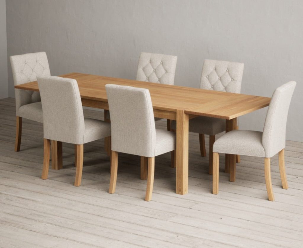 Thetford 150cm Oak Dining Table with Thetford 45cm Oak Extensions with 8 Natural Isabella Chairs