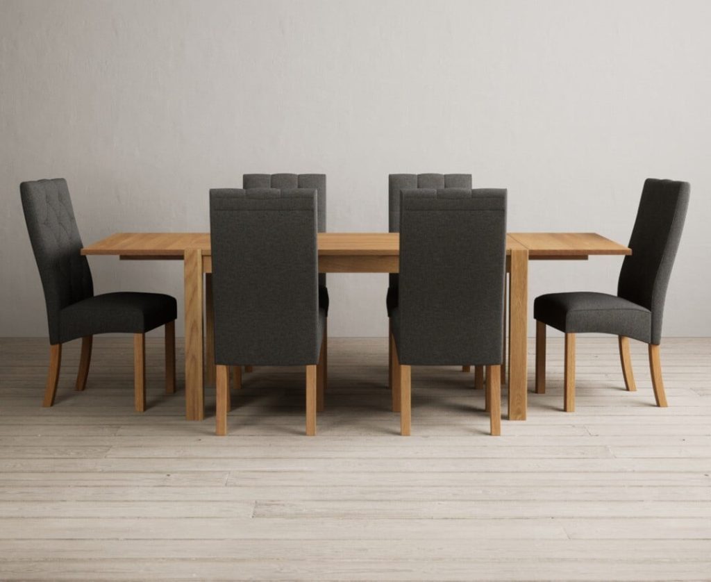 Thetford 150cm Oak Dining Table with Thetford 45cm Oak Extensions with 6 Grey Maya Chairs