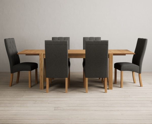 Thetford 150cm Oak Dining Table with Thetford 45cm Oak Extensions with 6 Grey Maya Chairs | Bed Sava