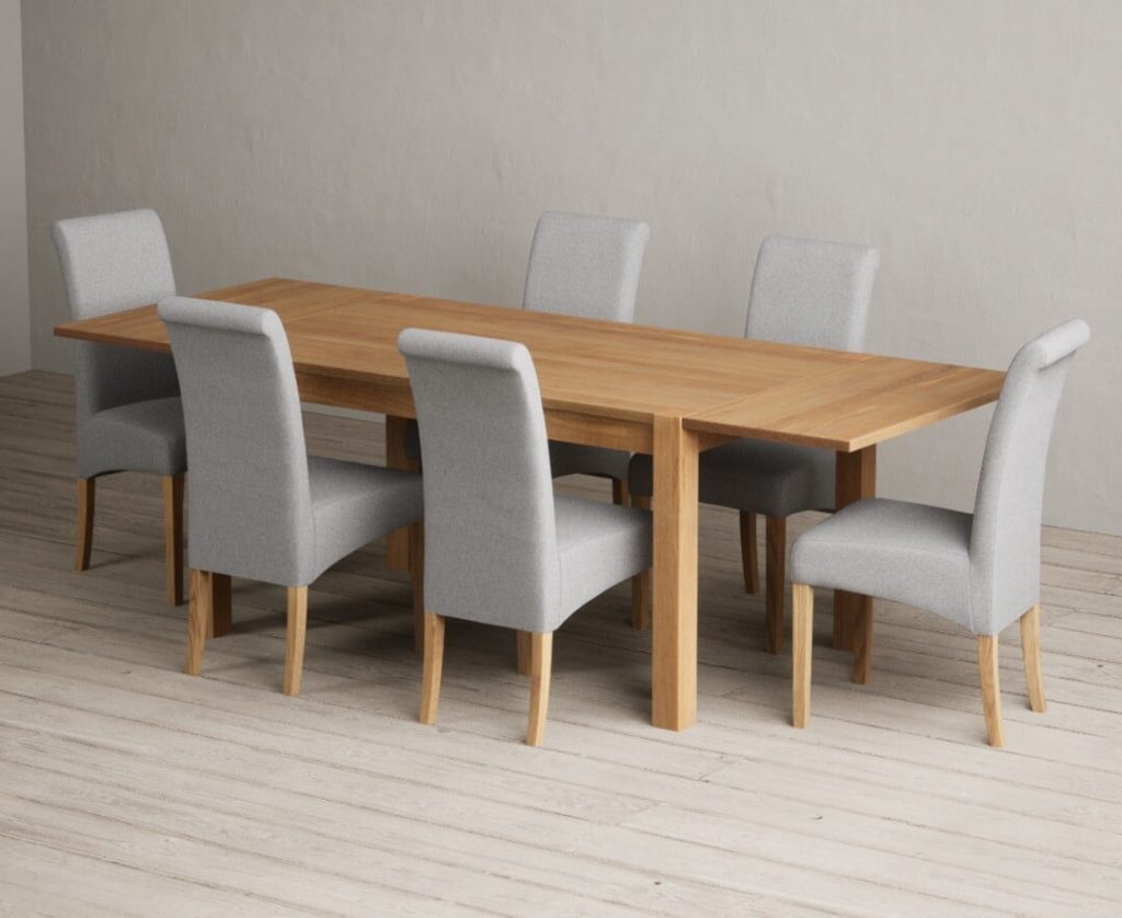 Thetford 150cm Oak Dining Table with Thetford 45cm Oak Extensions with 8 Natural Scroll Back Chairs