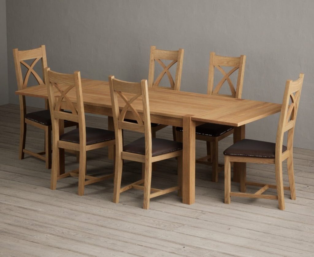 Thetford 150cm Oak Dining Table with Thetford 45cm Oak Extensions with 8 Linen Natural Solid Oak Chairs