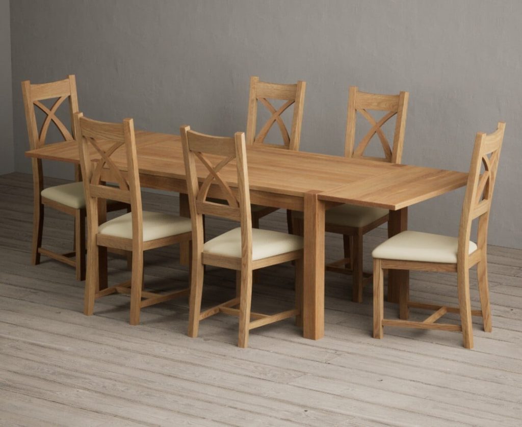 Thetford 150cm Oak Dining Table with Thetford 45cm Oak Extensions with 6 Grey Natural Solid Oak Chairs