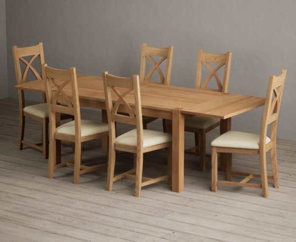 Thetford 150cm Oak Dining Table with Thetford 45cm Oak Extensions with 6 Brown Natural Solid Oak Chairs | Bed Sava