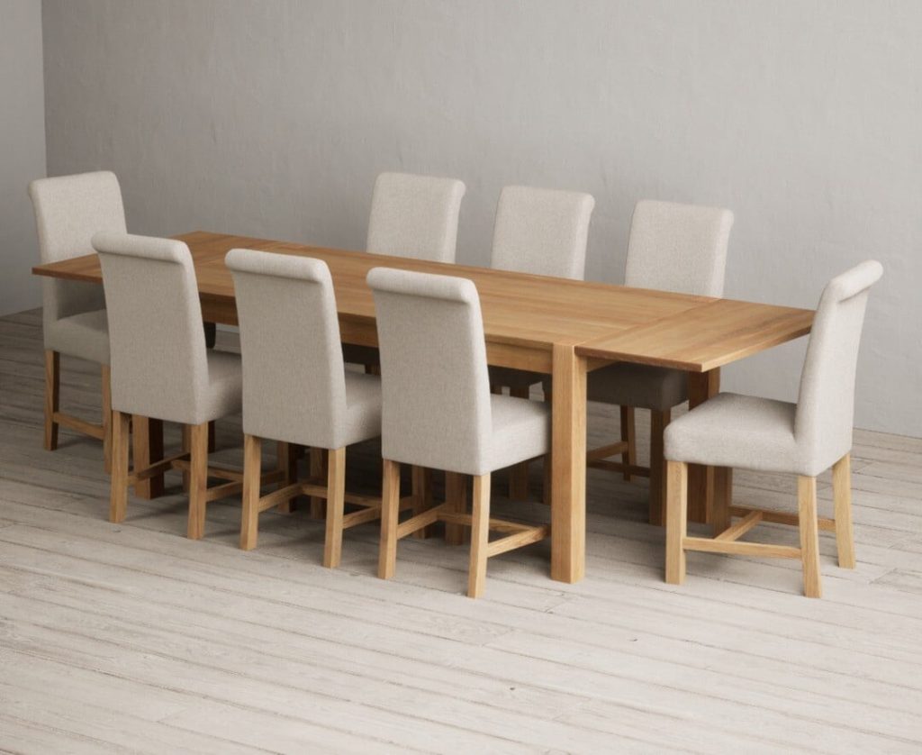 Thetford 180cm Oak Dining Table with Thetford 45cm Oak Extensions with 6 Natural Scroll Back Chairs