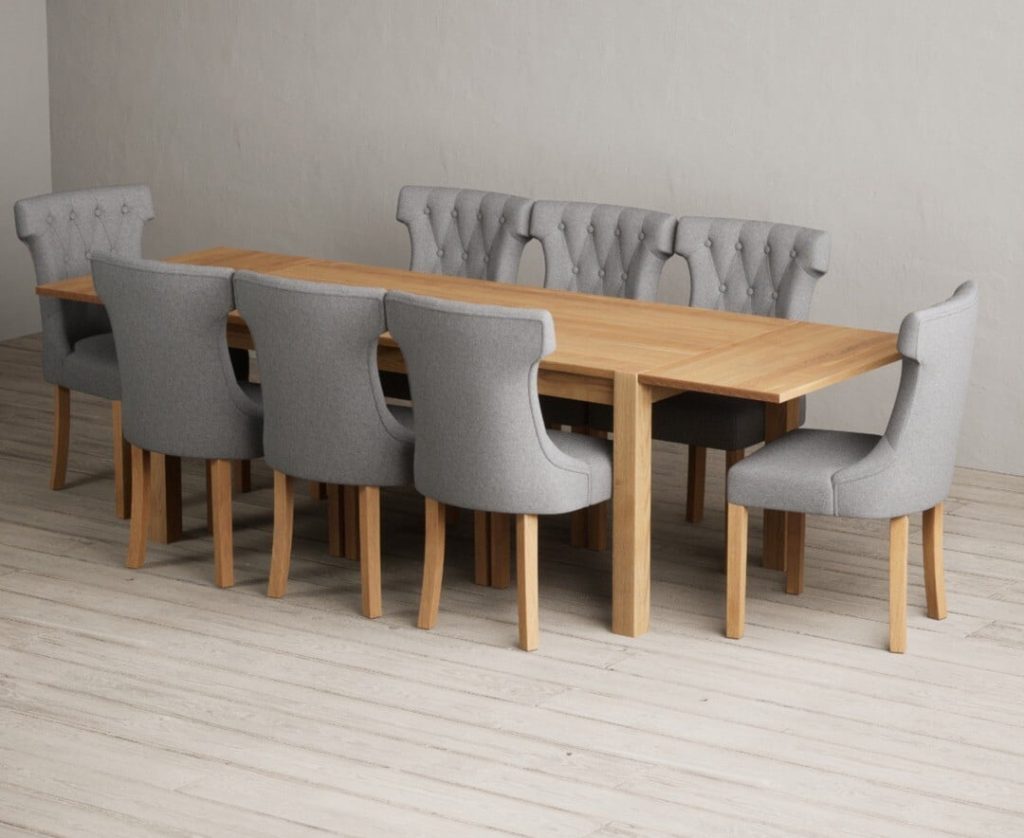 Thetford 180cm Oak Dining Table with 8 Natural Clara Chairs with Thetford 45cm Oak Extensions