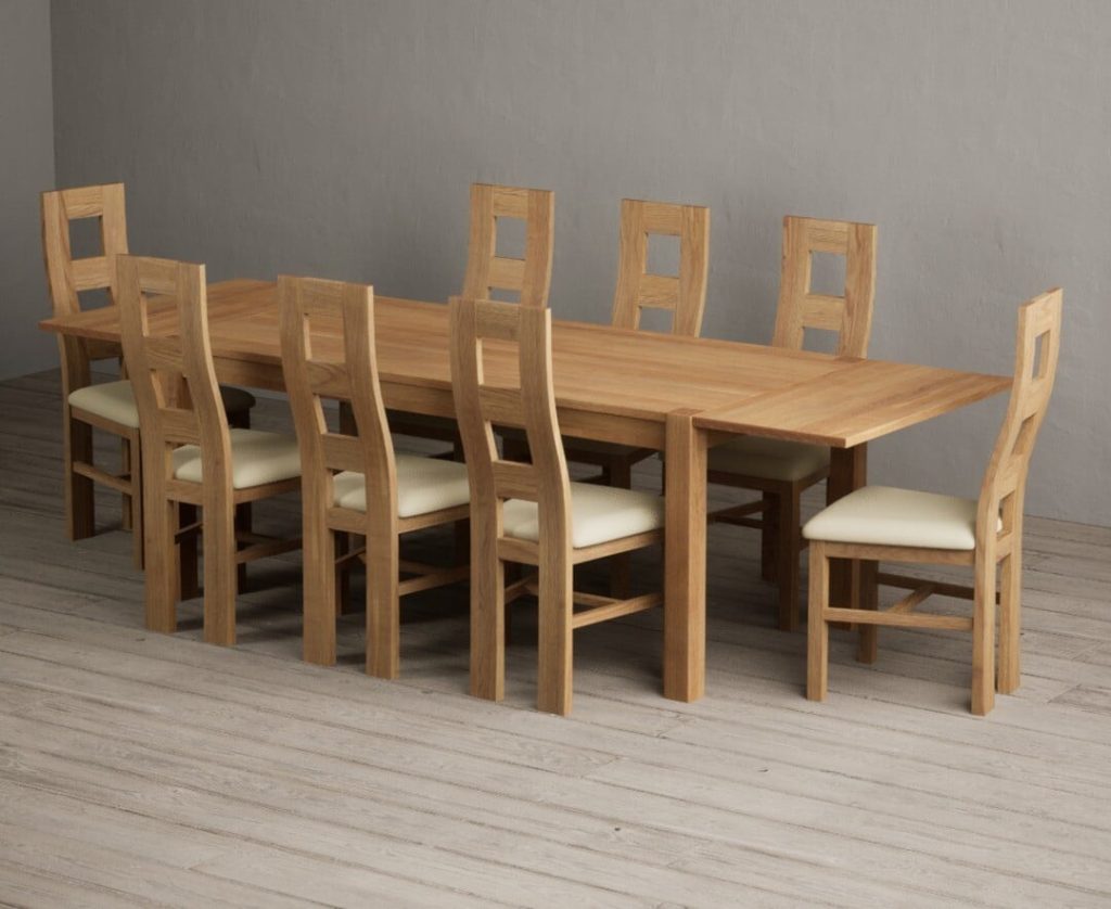 Thetford 180cm Oak Dining Table with Thetford 45cm Oak Extensions with 10 Black Natural Solid Oak Chairs