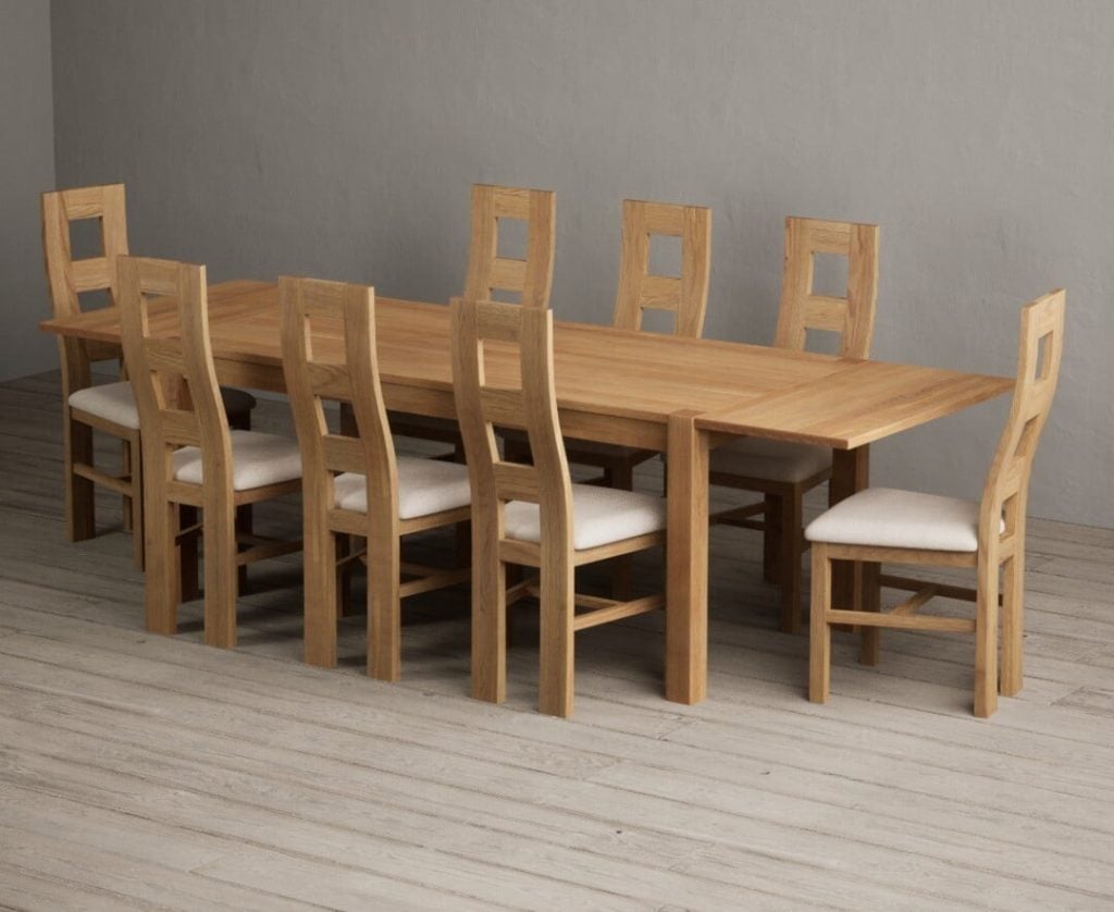 Thetford 180cm Oak Dining Table with Thetford 45cm Oak Extensions with 10 Blue Natural Chairs