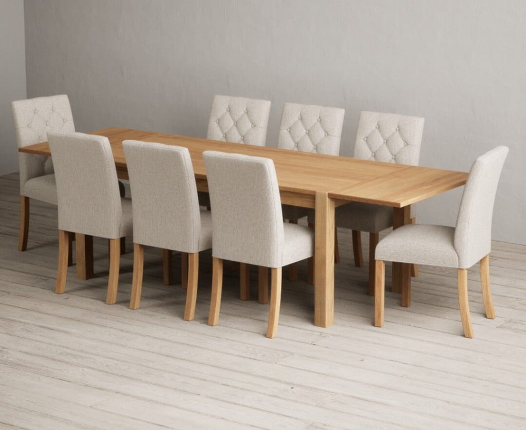 Thetford 180cm Oak Dining Table with 8 Natural Isabella Chairs with Thetford 45cm Oak Extensions