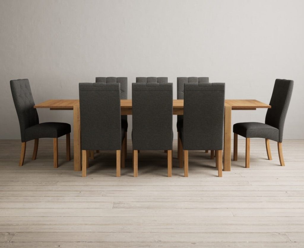 Thetford 180cm Oak Dining Table with 8 Grey Maya Chairs with Thetford 45cm Oak Extensions
