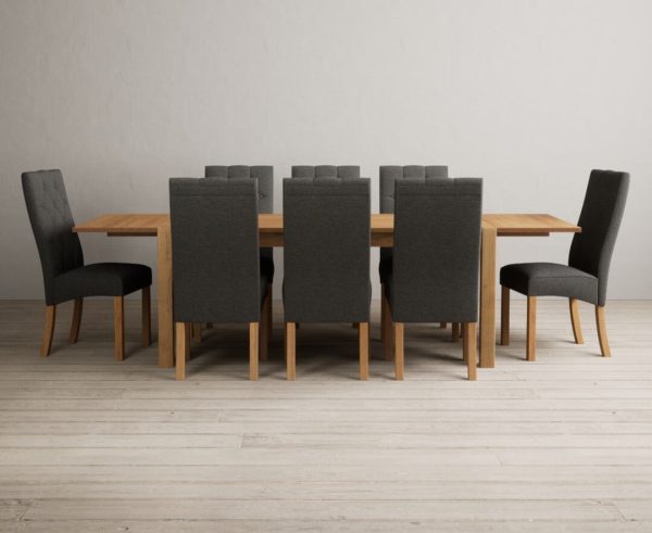 Thetford 180cm Oak Dining Table with 8 Grey Maya Chairs with Thetford 45cm Oak Extensions | Bed Sava