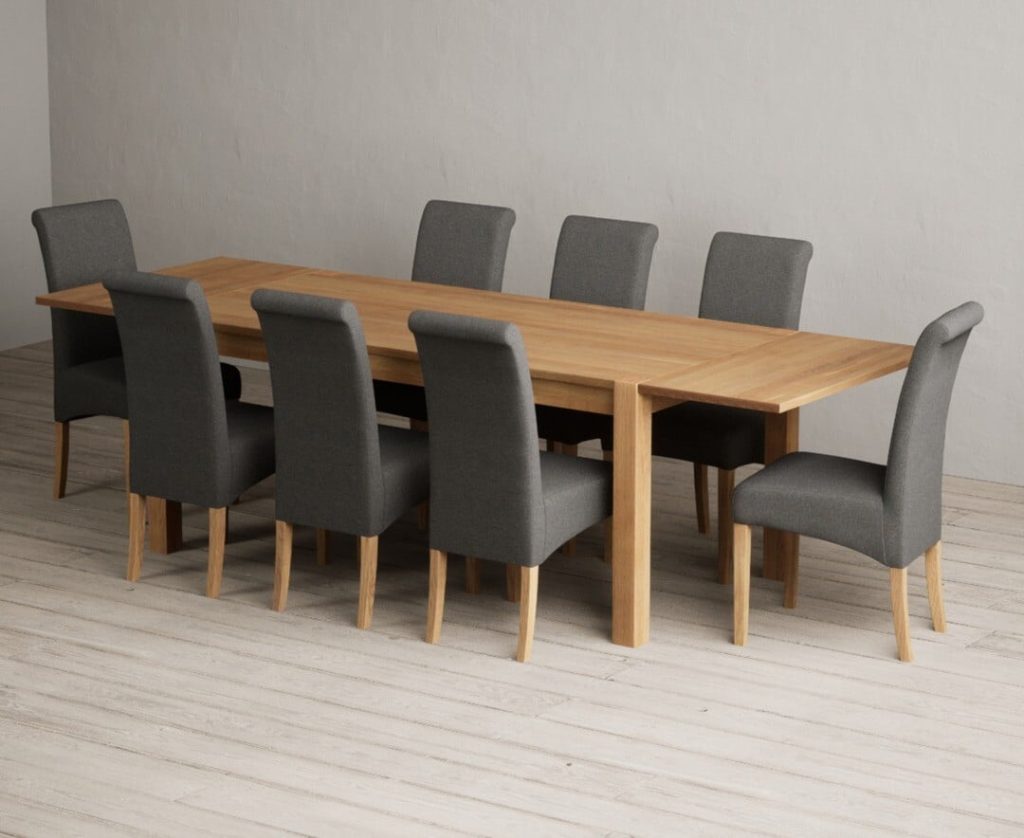 Thetford 180cm Oak Dining Table with Thetford 45cm Oak Extensions with 10 Blue Scroll Back Chairs