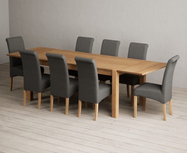 Thetford 180cm Oak Dining Table with Thetford 45cm Oak Extensions with 10 Grey Scroll Back Chairs | Bed Sava